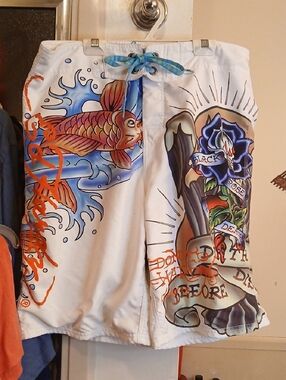 Ed Hardy White Swim Shorts with Multicolor Tattoo Art,sz.34